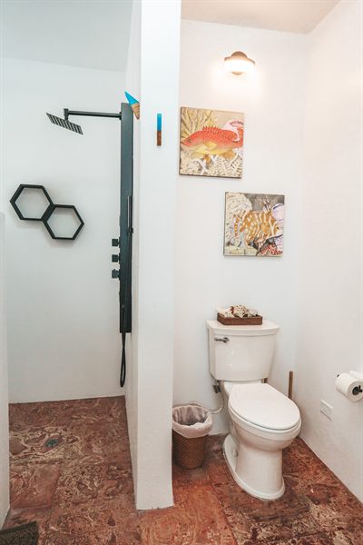 Bathroom with a black rain shower, terracotta tiled floor and framed fish artwork