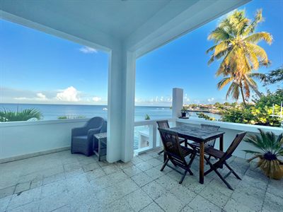 Covered terrace looking out between white columns to the sea, with a palm leaning in from the right