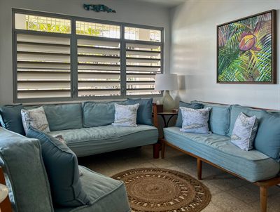 Living room with two teal sofas, louvered shutters, a jute rug and a framed tropical print
