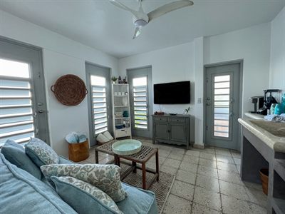 Living room with sofa, television and a kitchen counter running along the right-hand wall