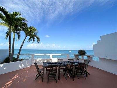 Upper terrace with a long teak table for eight, palms on the left and open ocean ahead