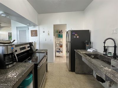 Full kitchen with stainless range, fridge, concrete sink and a walk-in pantry
