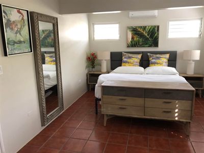Bedroom with a king bed, tall framed mirror, botanical prints and terracotta tile
