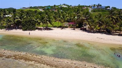 Aerial view of the cove, the property's palms and gazebo above a curve of white sand and reef