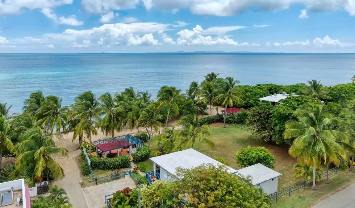 Aerial view of palm-lined beachfront property looking north over turquoise Caribbean water